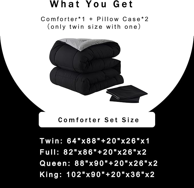 DOWNCOOL Full Size Comforter Sets -All Season Bedding Comforters Sets with 2 Pillow Cases -3 Pieces Bed Set Down Alternative Comforter Set -Black/Grey Bedding Sets Full(82"x86")