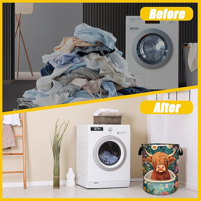 Highland Cow Laundry Basket,Foldable Oxford Cloth Funny Tote Bag Laundry Hamper Clothes Storage Bucket Toy Organizer For Bathroom Laundry Storage Bedroom 18.9x16.5