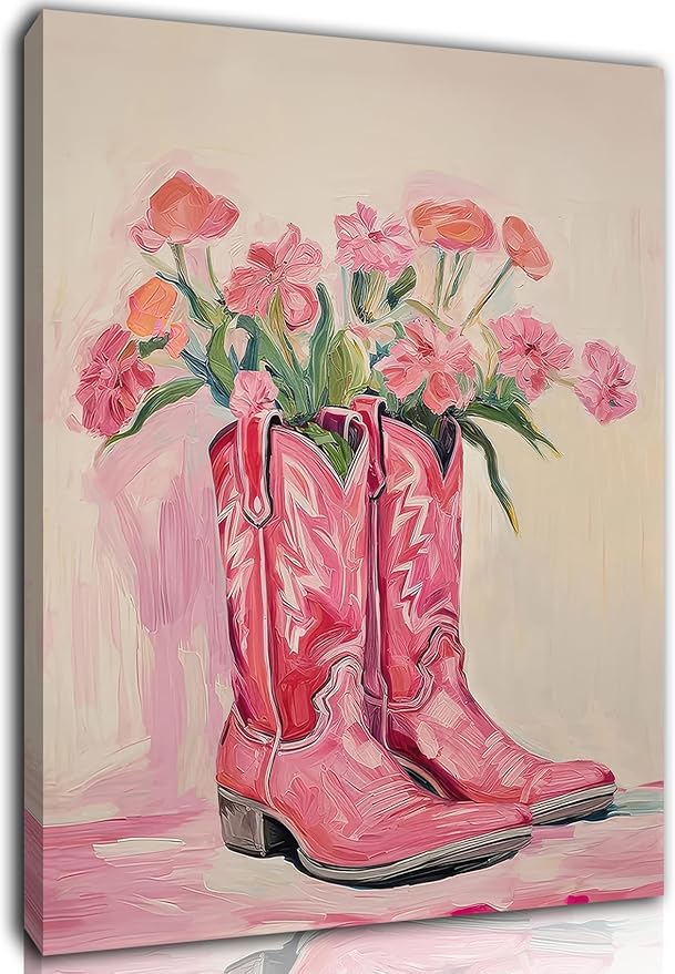 Julaydi Floral Cowgirl Boots Wall Art Pink Cowboy Boots with Flower Painting Western Aesthetic Canvas Prints Poster Trendy Preppy Girls Room Decor Picture for Living Room Bedroom Dorm 12x16in Framed