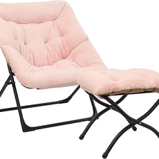 Comfy Saucer Chair for Adults, Soft Faux Fur Bedroom Chair with Ottoman, Accent Dorm Chairs, Living Room Reading Chairs and Footstool, Folding Lounge Seat for Teens, X-Large, Light Pink
