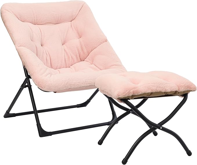 Comfy Saucer Chair for Adults, Soft Faux Fur Bedroom Chair with Ottoman, Accent Dorm Chairs, Living Room Reading Chairs and Footstool, Folding Lounge Seat for Teens, X-Large, Light Pink