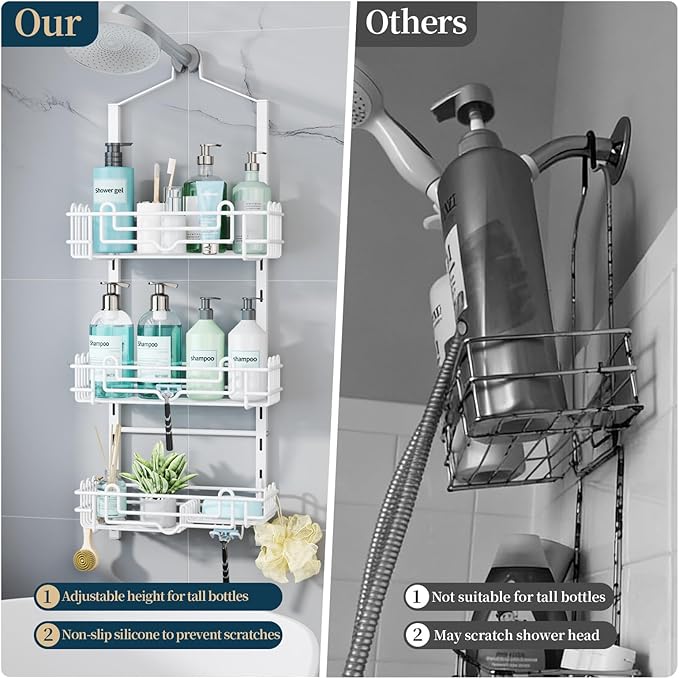 Consumest Shower Caddy Hanging – Rustproof Over Shower Head Hanger with Soap Holder and Hooks, Anti-Slip Shower Shelves for Storage, Bathroom Organizer for Apartment, Dorm, White