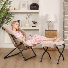 Comfy Saucer Chair for Adults, Soft Faux Fur Bedroom Chair with Ottoman, Accent Dorm Chairs, Living Room Reading Chairs and Footstool, Folding Lounge Seat for Teens, X-Large, Light Khaki