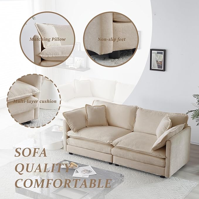 SoarFlash Chenille Sectional Sofa, Comfy Modular Loveseat Sofa, Modern 2-Seat Couch Deep Seat Sofa Set for Living Room,Light Coffee