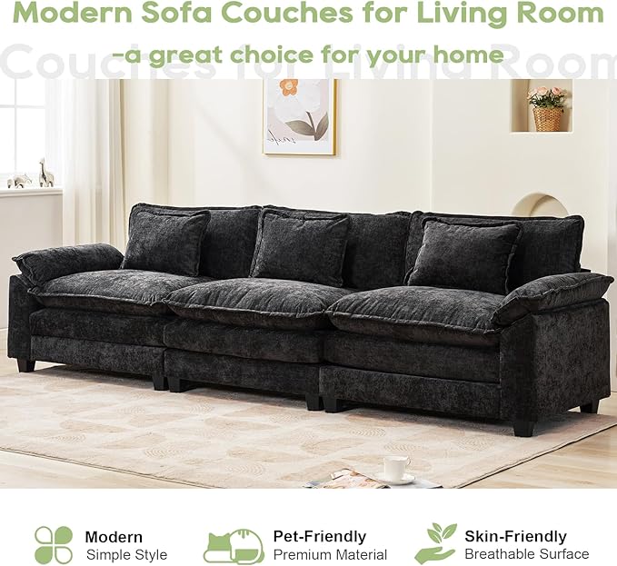 120" Modular Sectional Sofa, Comfy Cloud Couch Sectional Sofa, Chenille Sofa Sleeper Deep Seat Sofa with Throw Pillows for Living Room (Black, 120"- 3 Seater)