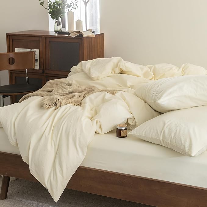 FOSSA Duvet Cover Set 100% Washed Cotton Linen Feel Super Soft Breathable Cozy 3 Pieces Bedding Sets Solid Cream White Twin
