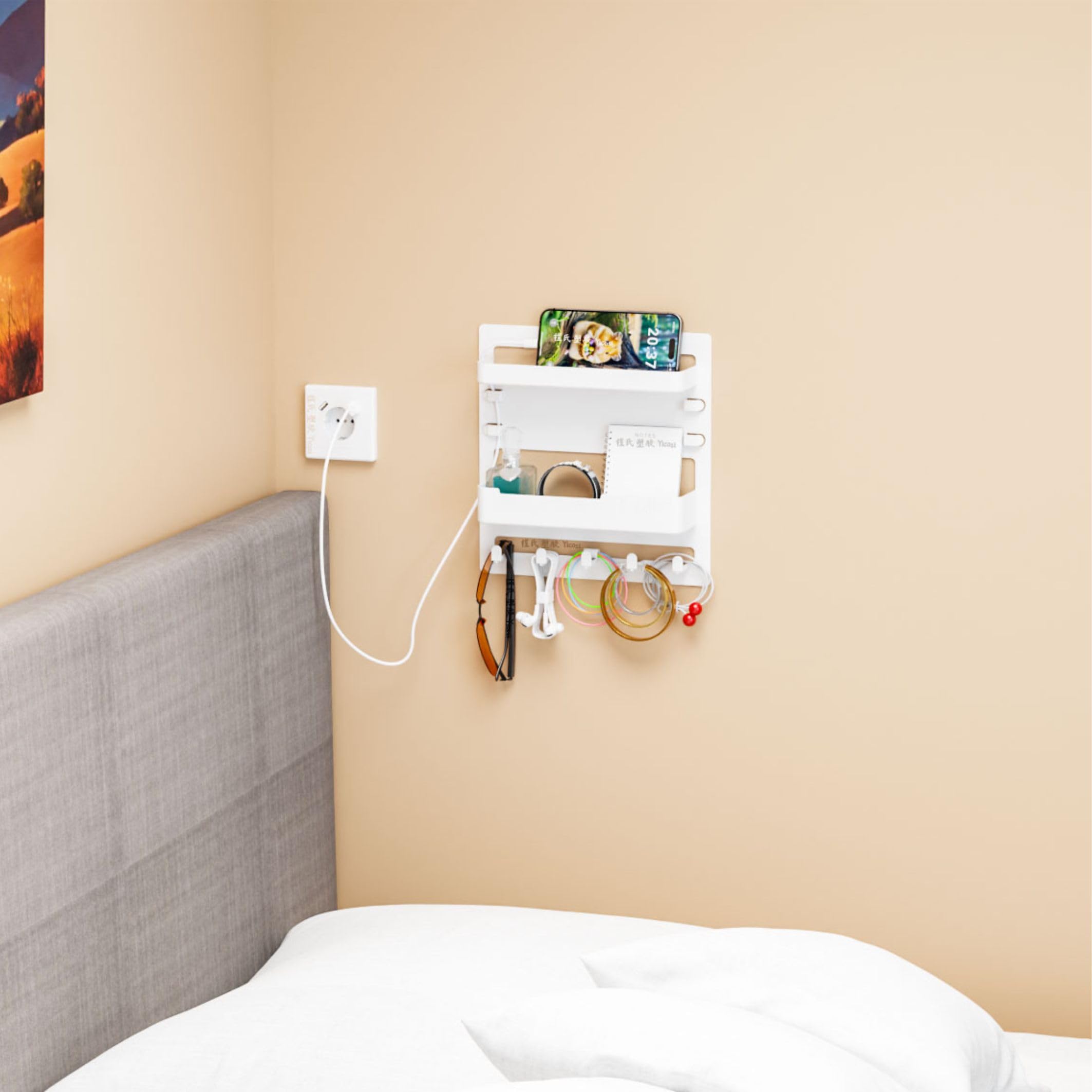 Yieach Bedside Shelf for Dorm Bed,Rv,Small Room and Nightstand,Wall Mounted Floating Shelves and Bedside Wall Organizer for Remote,Phone Holder,Charging Shelf,Cute Bedroom Decor for College Girl,Black