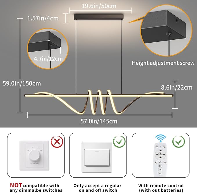 Modern Ceiling Chandelier, 57in Pendant Lights Dimmable with Remote Control 3000k-6000K Adjustable Color Temperature, Aluminum Island Lighting Lamp Fixture for Kitchen, Dining Room