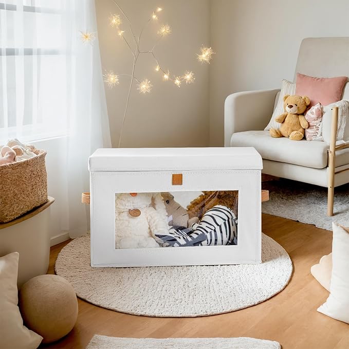 Large Clothing Storage Bins - Collapsible Boxes with Handles & Window, Decorative Organizer Bins with Lids, Fabric Containers for Living Room, Dorm, 4 Pack, White