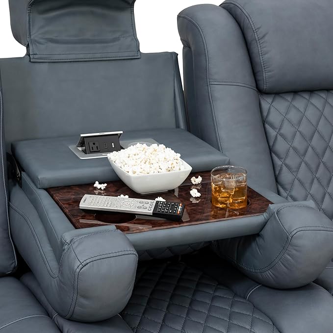 Seatcraft Anthem Italian Leather Sofa w/Fold-Down Table, Living Room, Power Headrest, Power Recline, Smokey Blue