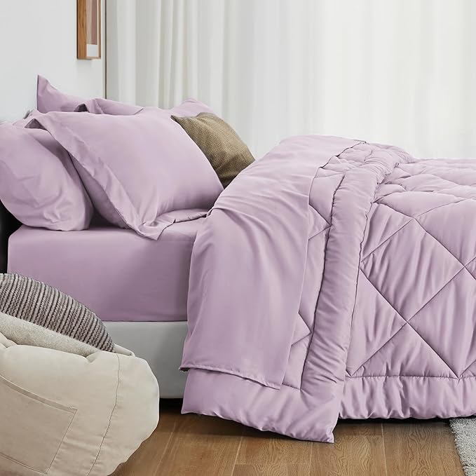 Love's cabin Twin Comforter Set Light Purple, 5 Pieces Twin Bed in a Bag, All Season Bedding Sets with 1 Comforter, 1 Flat Sheet, 1 Fitted Sheet, 1 Pillowcase and 1 Pillow Sham