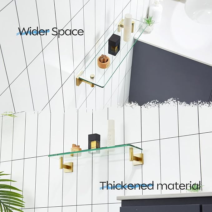 KOKOSIRI Wall Shelves Floating Shelf 20-Inch Stainless Steel Bathroom Hardware Tempered Glass Kitchen Hanging for Storage/Room Decor Gold B1105BG-L20
