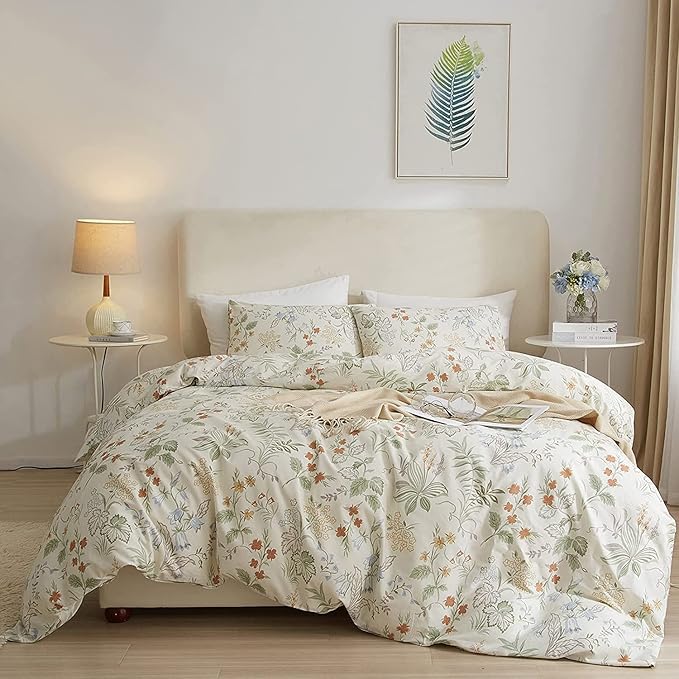 HighBuy Garden Floral Duvet Cover Queen Size Cotton Bedding Comforter Cover Set with Zipper Ties,Paisley Jacquard Floral Hotel Quality,1 Duvet Covers and 2 Pillowcases,Queen Bed Set