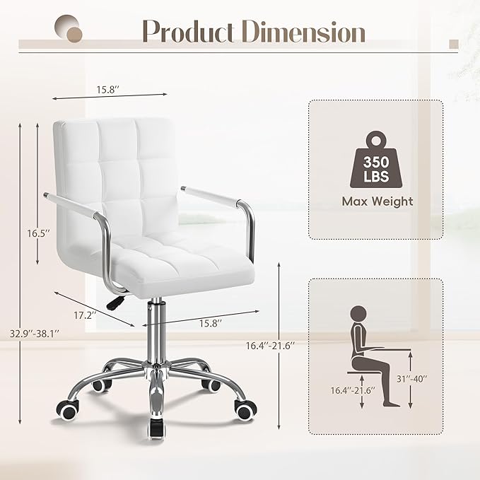 Furmax Mid-Back Office Task Chair Ribbed PU Leather Executive Chair Modern Adjustable Home Desk Retro Comfortable Work Chair 360 Degree Swivel with Arms (White)