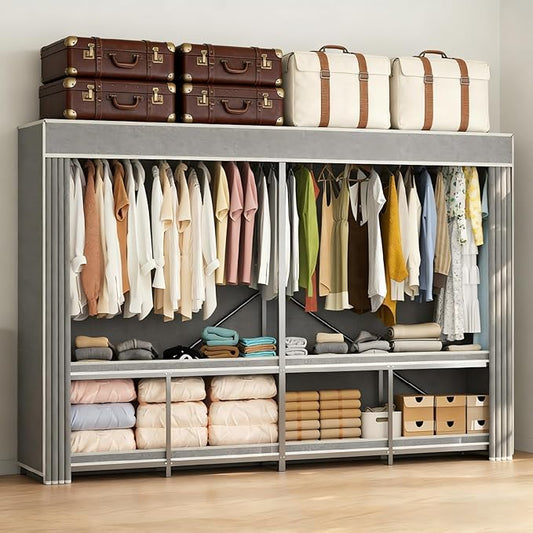 95.7" Wide Wardrobe Portable Closet with Cover, Heavy Duty Stainless Steel Clothes Rack with Hanging Rails and Shelves, Large Storage Cabinet for Bedroom