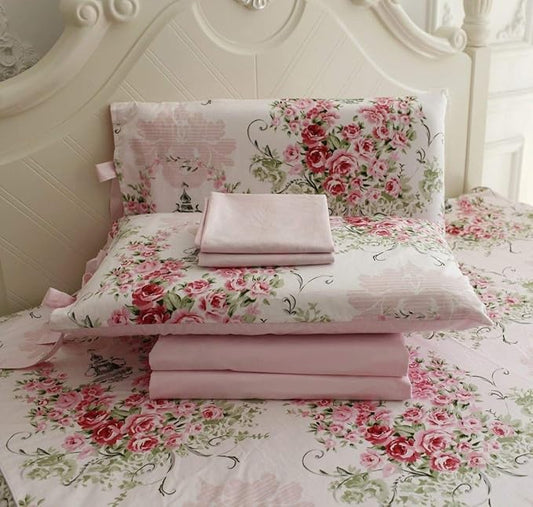 FADFAY Rose Floral 4 Piece Bed Sheet Set 100% Cotton Deep Pocket-Cal King