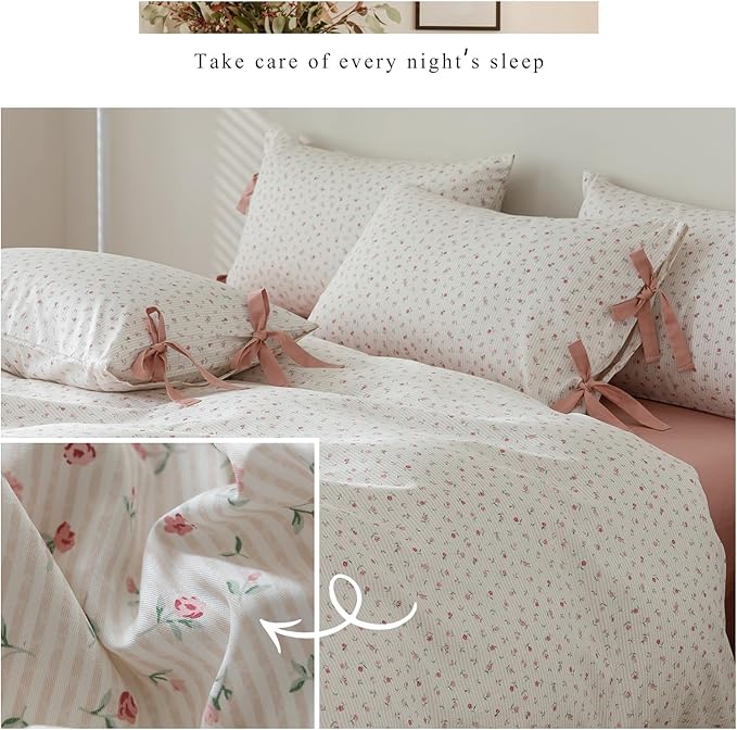 mixinni White Flower Pattern Duvet Cover King Pink Floral Stripes Duvet Cover Set 100% Cotton Bedding Set with Zipper Ties Bow Tie Pillowcases, Easy Care, Ultra Soft and Breathable-King Size