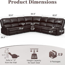 Manual Reclining Sectional Sofa Set, 7 Seats Soft Leather Recliner Corner Sectional Couch, Family-Sized L-Shaped Recliner Couch with USB Charging, Thickened Padding, Sturdy Frame, Brown