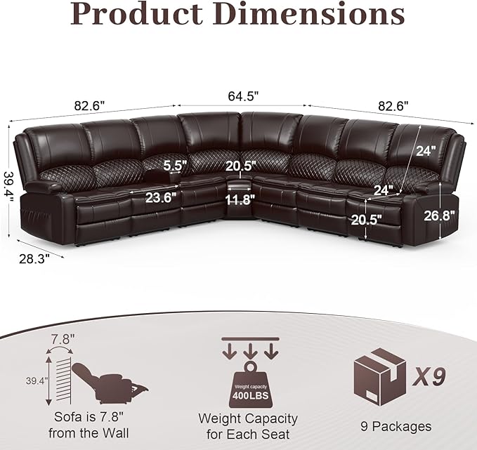 Manual Reclining Sectional Sofa Set, 7 Seats Soft Leather Recliner Corner Sectional Couch, Family-Sized L-Shaped Recliner Couch with USB Charging, Thickened Padding, Sturdy Frame, Brown