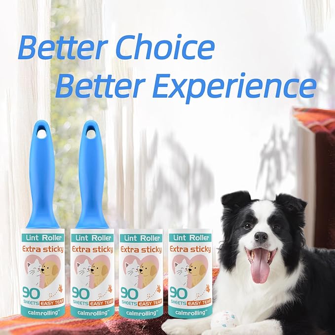 Extra Sticky Pet Hair Remover Lint Roller, 4 Refills (360 Sheets) + 2 Handles, Easy Tear No Residue for Clothes, Couch, Furniture and Car Seats