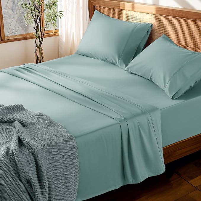 LBRO2M 100% Cotton Sheets Set Deep Pocket 19", 1000 Thread Count California King Size 4 Piece Bed Sheet Sets Soft Comfortable Bedding All Season (California King, Sage Green) LBRO2MBedding