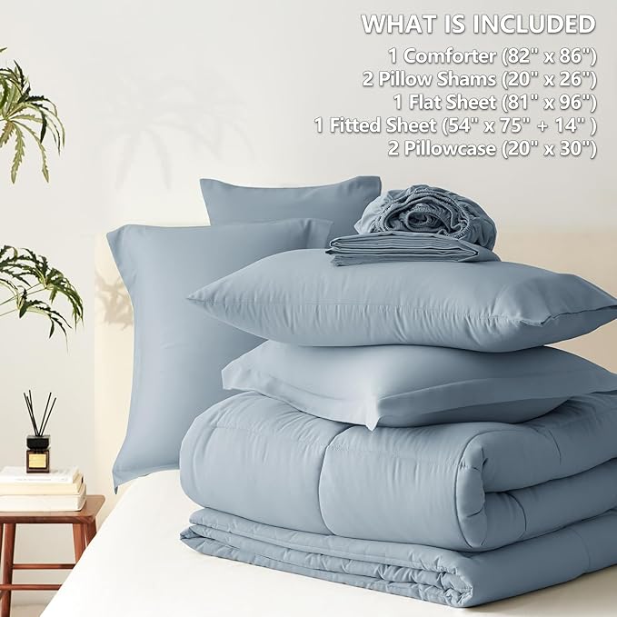 CozyLux Full Size Comforter Sets Grayish Blue - 7 Pieces Bed in a Bag Full, Oeko-Tex Certified Bed Set, All Season Soft Bedding Set with Down Alternative Comforter, Sheets, Pillowcases & Pillow Shams
