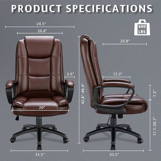 LEMBERI Office Desk Chair, High Back Executive Computer Chair, Ergonomic Big and Tall Adjustable PU Leather Chairs with Padded Armrest for Long Time Sitting (Brown)