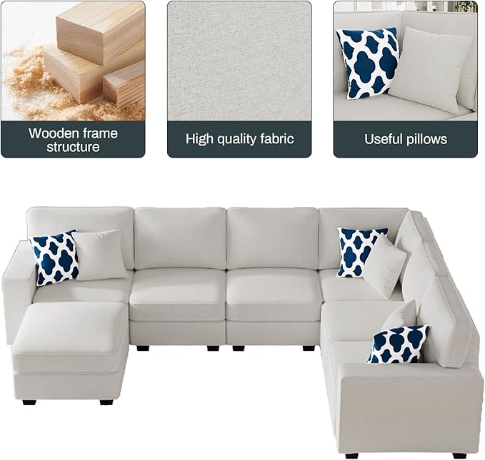 Legend Vansen Modular Sectional Sofa U Shaped Couch with Ottoman Modern Reversible Corner Sectional Couch for Living Room (Cream, U Shaped Sofa-2)