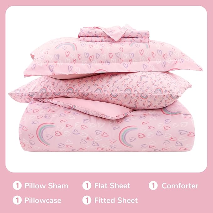 Viviland Kids Twin Bedding Sets for Girls, Soft Twin Comforter Set with Sheets, 5 Pieces Microfiber Bed in a Bag, Pink Heart Rainbow