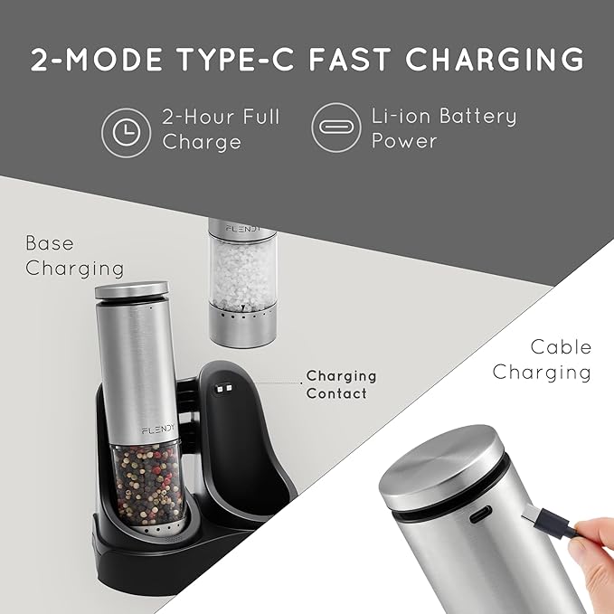 Electric Salt and Pepper Grinder Set Rechargeable, Automatic Salt and Pepper Grinder Set with Oversized Top Button, Stainless Steel Electric Salt and Pepper Shakers Set