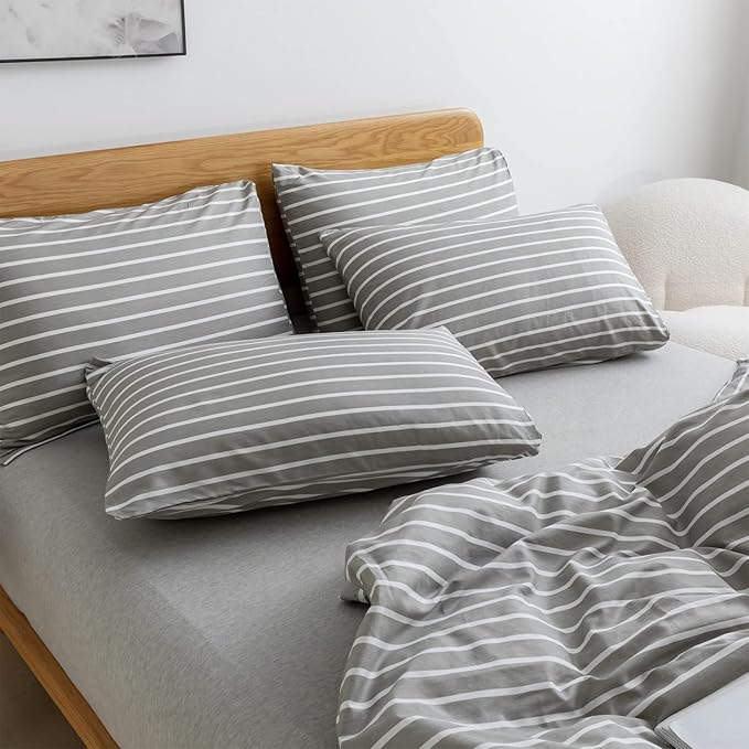 JELLYMONI Queen Duvet Cover Set, Cotton Duvet Cover 3 Pieces with Zipper Closure, 1 Duvet Cover and 2 Pillowcases(Gray with White Striped)