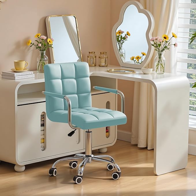 Furmax Mid-Back Office Task Chair Ribbed PU Leather Executive Chair Modern Adjustable Home Desk Retro Comfortable Work Chair 360 Degree Swivel with Arms (Light Blue)