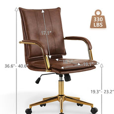 MOJAY Mid-Back Ergonomic Leather Office Desk Chair, Modern Upholstered Computer Chair, Executive Office Chair with Arms, Swivel Adjustable Rolling Chair with Gold Base (Brown)