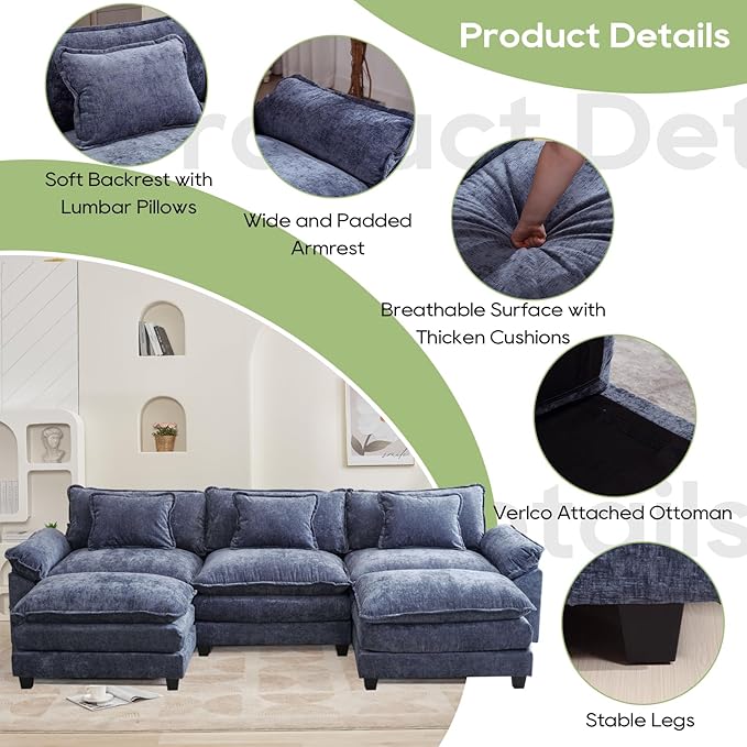 120" Modular Sectional Sofa, Comfy Cloud Couch Sectional Sofa with Ottoman, Chenille Sofa Sleeper Deep Seat Sofa with Throw Pillows for Living Room (Blue, 120"- U Shape)
