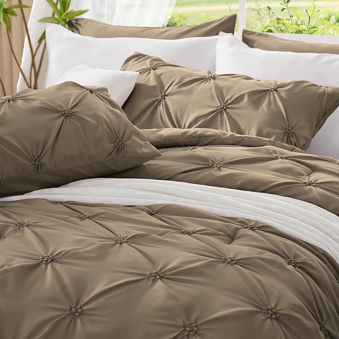 BEDELITE Light Brown Twin Comforter Set - 2 Peices Boho Pintuck Bedding Comforter Sets, Lightweight Soft & Warm Twin Bedding Sets with 1 Pillowcase for All Season