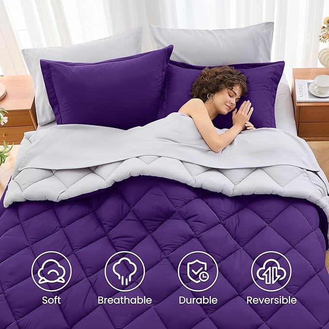 MUXHOMO 5 Pieces Twin XL Comforter Set, Reversible Bed in a Bag Twin XL Size, All Season Bedding Set with Comforter, Flat Sheet, Fitted Sheet, Pillowcases & Shams, Purple & Lavender