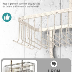 Shower Caddy Hanging - Never Rust Shower Hanging Organizer - Aluminum Over the ShowerHead Caddy with Soap Basket and 6 Hooks for Razor/Sponge (Milky White)