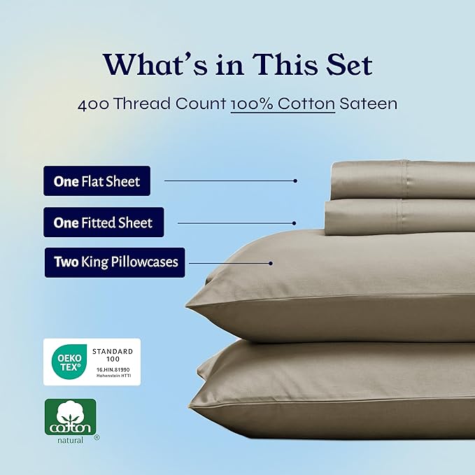 California Design Den King Bed Sheets Set - Soft 400 Thread Count Sateen, Natural 100% Cotton Sheets, Durable & Breathable Bedding with Deep Pockets - Taupe CaliforniaDesignDen