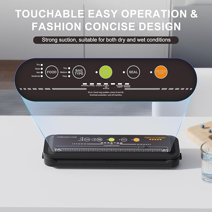 MEGAWISE Model B 2025 Vacuum Sealer | Powerful & Compact | One-Touch Automatic Food Sealer for Cold, Wet, Moist, and Dry Foods | Compatible with Thick, Medium, and Thin Bags | OMNI MACHINE (Black)