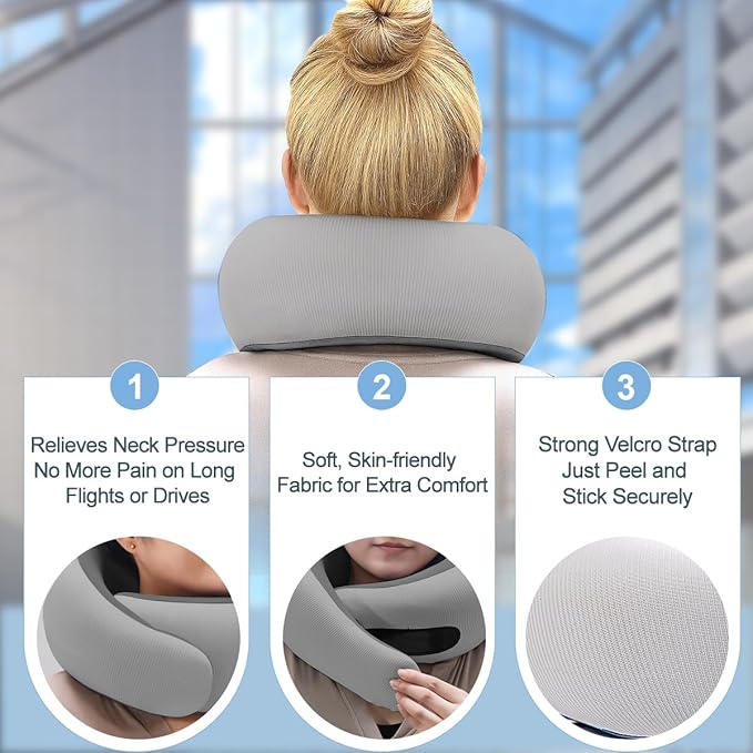 Neck Pillow for Traveling,Travel Neck Pillow for Airplanes,Cooling Fabric&100% Pure Memory Foam,Neck Pain Relief,Ergonomic Support for Long Flight (Gray, Compact Size-(Petite Fit)