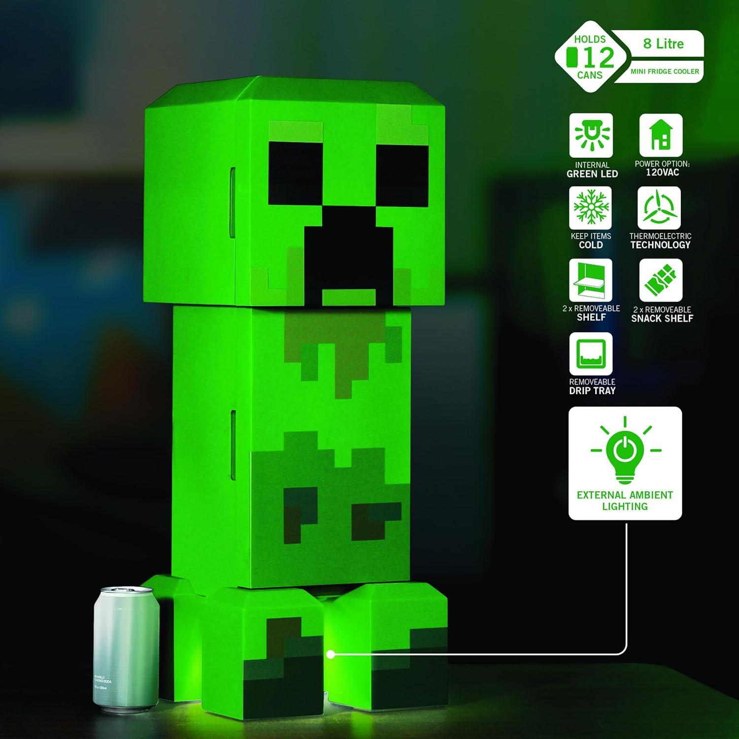 Ukonic Minecraft Legends Creeper Mini Fridge 8L – Holds 12 Cans, LED Lights, AC/DC Thermoelectric Cooler, Removable Shelves, Compact for Dorm, Office, Gaming Dormly