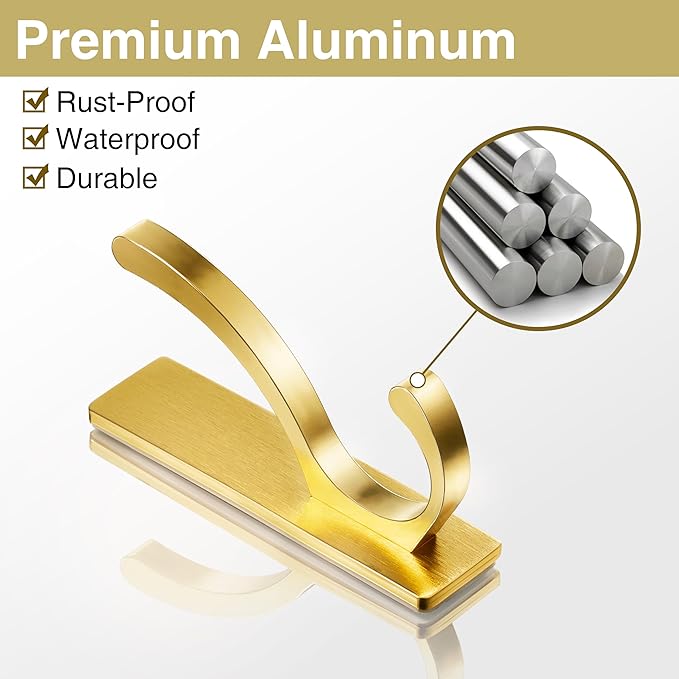 pickpiff 10-Pack Adhesive Wall Hooks for Towels - Sticky Hook Hanging Heavy Duty (13lb), Hanger for Door, Bathroom, Dorm, Closet - for Coats, Purse, Bag, Robe - No Damage to Wall - Brushed Gold