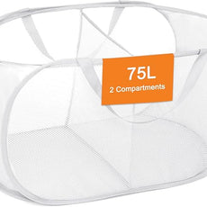 Durable Collapsible Foldable Mesh Pop Up Laundry Basket, 2 Compartments Easy to Carry & Sort Clothes Hampers for Home, Dorm, Travel White