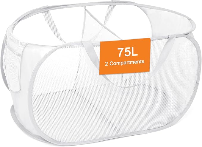 Durable Collapsible Foldable Mesh Pop Up Laundry Basket, 2 Compartments Easy to Carry & Sort Clothes Hampers for Home, Dorm, Travel White