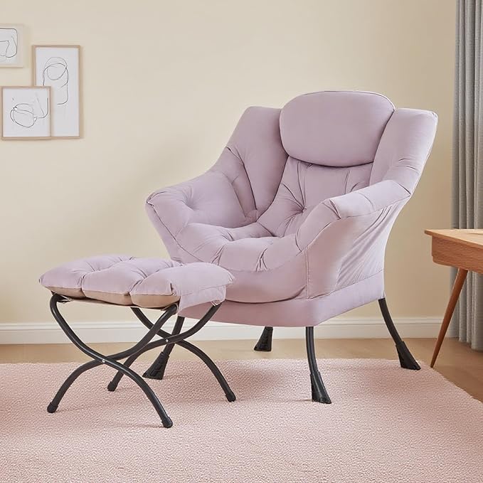 Tiita Lazy Chair with Ottoman, Modern Large Accent Lounge Armchair, Comfy Leisure Sofa Reading Chair with Footrest for Bedroom, Living Room, Dorm Rooms, Garden and Courtyard, Velvet Light Purple