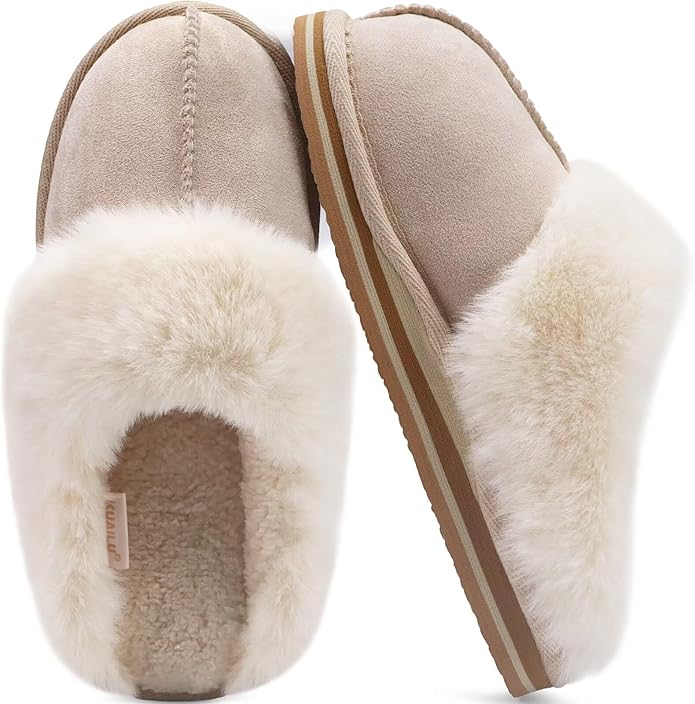 KuaiLu Womens Fluff Dual Memory Foam Slippers Ladies Cozy Arch Support Warm Scuff Slippers Slip on Comfy Winter House Shoes with Non-Slip Indoor Outdoor Hard Sole