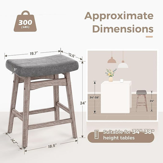 MAISON ARTS Counter Height Bar Stools Set of 3 for Kitchen Counter Solid Wood Legs with Fabric Saddle Seat Farmhouse Barstools for 34"-38" Counter Island Upholstered Stools, 24in, Grey Cushion