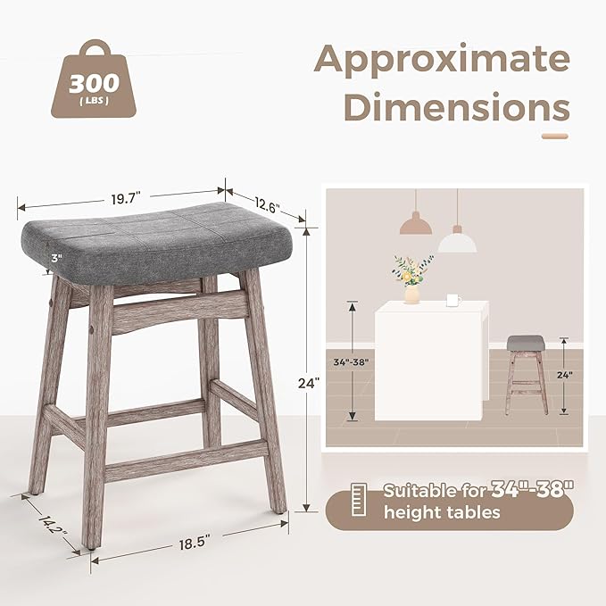 MAISON ARTS Counter Height Bar Stools Set of 2 for Kitchen Counter Solid Wood Legs with Fabric Saddle Seat Farmhouse Barstools for 34"-38" Counter Island Upholstered Stools, 24in, Grey Cushion