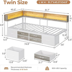 VIAGDO Corner Bed Frame with Storage Bookcase and 6 Drawers, Twin Metal Platform Corner Bed Frame with LED Lights and Charging Station, Twin Daybed for Kids Teenagers, White & Grey