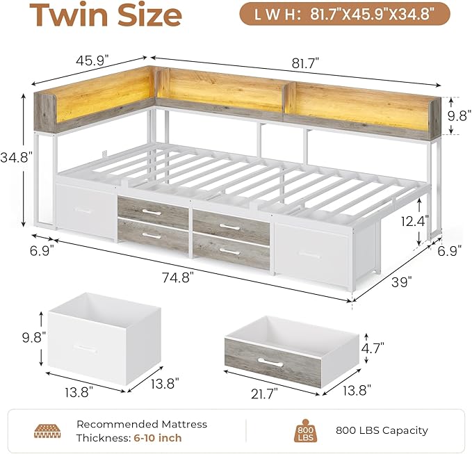VIAGDO Corner Bed Frame with Storage Bookcase and 6 Drawers, Twin Metal Platform Corner Bed Frame with LED Lights and Charging Station, Twin Daybed for Kids Teenagers, White & Grey